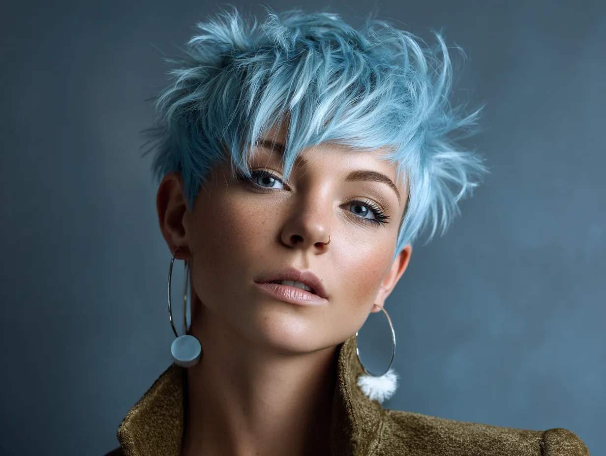 Shaggy Pixie Cut in Sky Blue with Cropped Crown Volume