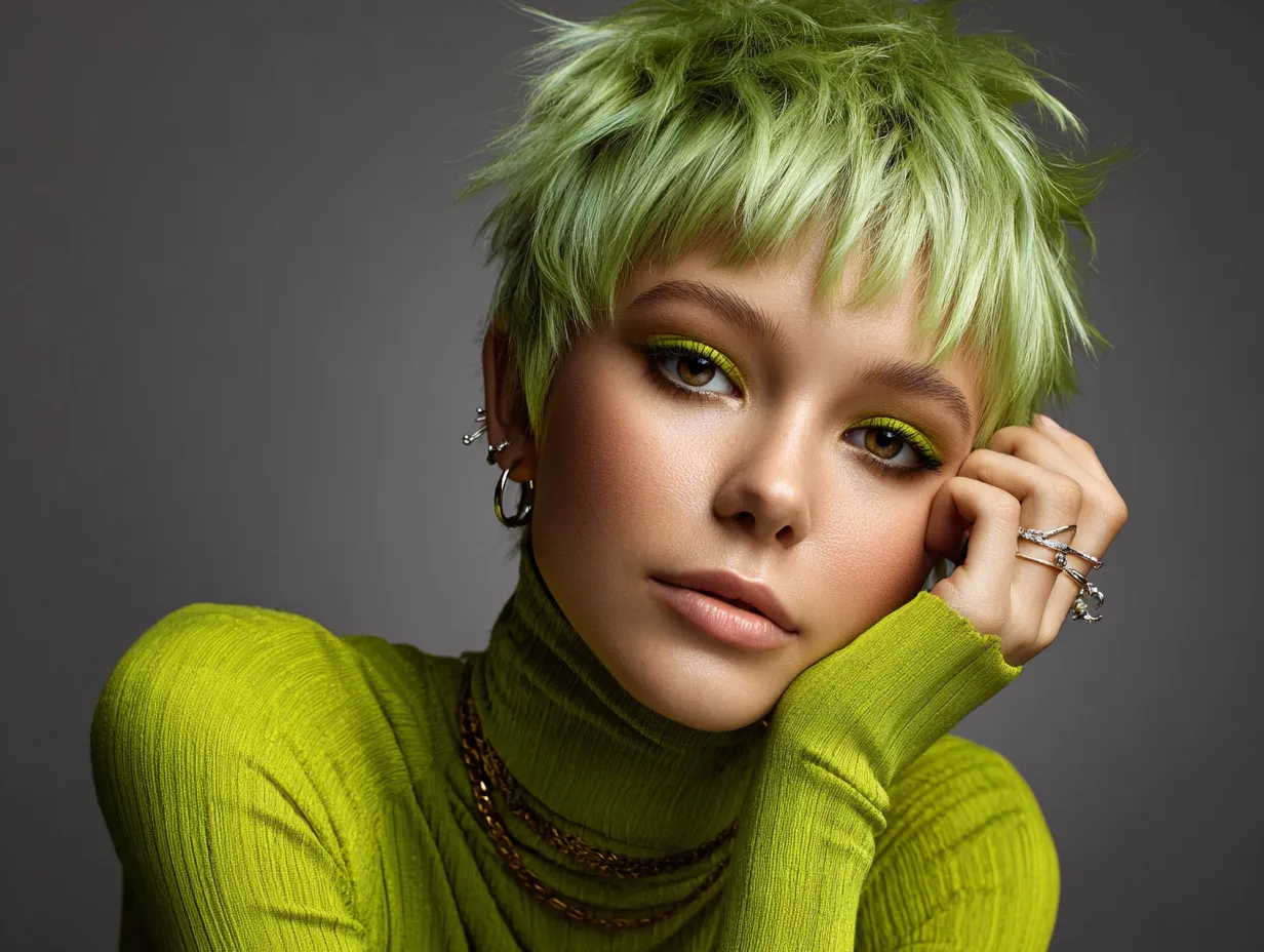 Shaggy Pixie Cut in Lime Green with Wispy Asymmetrical Fringe - 2