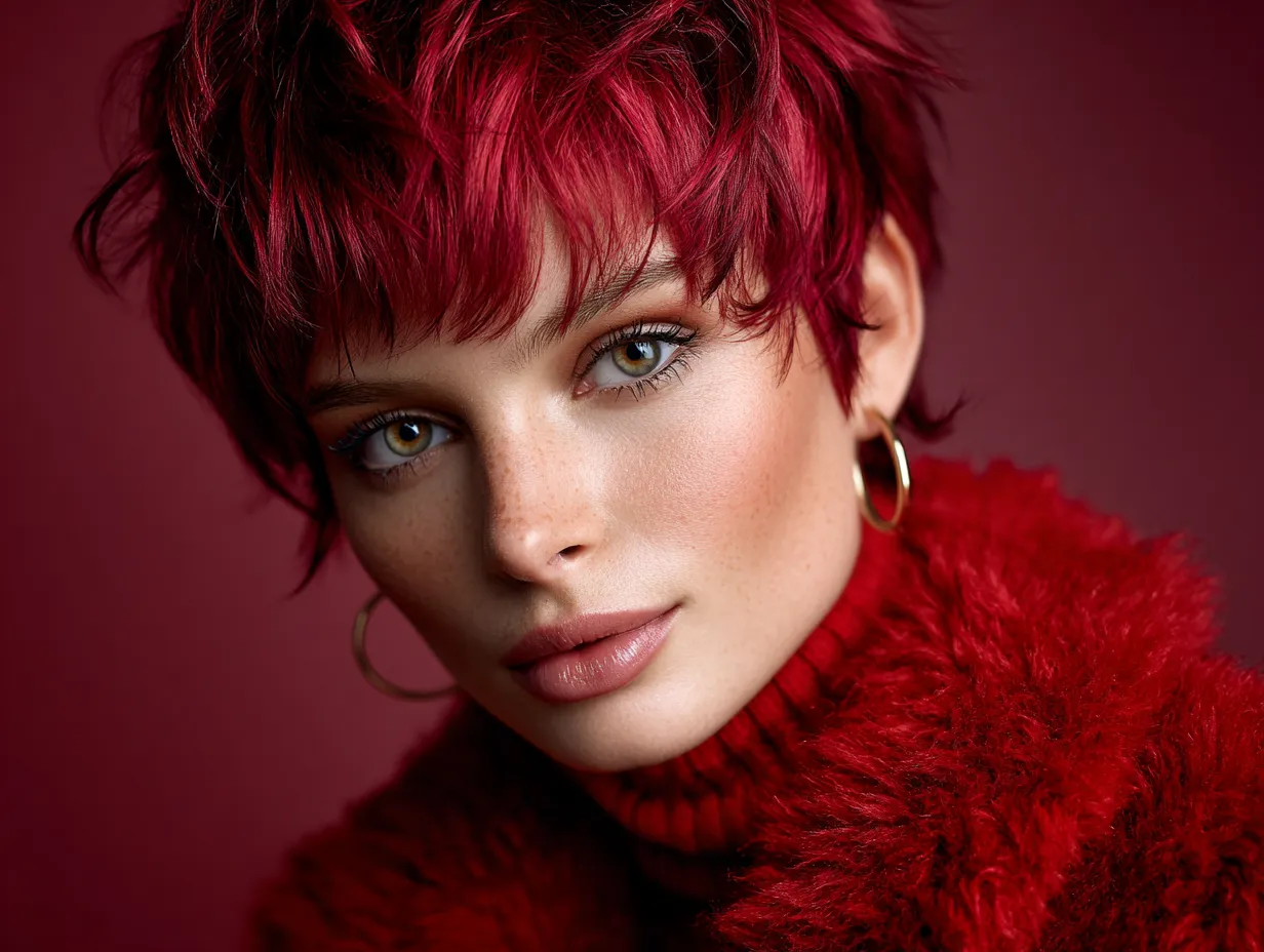 Shaggy Pixie Cut in Raspberry Red with Textured Side Layers - 3