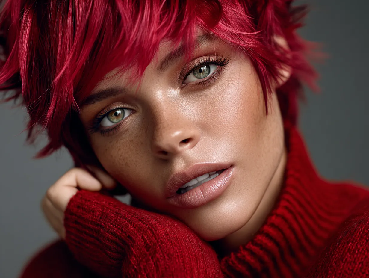 Shaggy Pixie Cut in Raspberry Red with Textured Side Layers