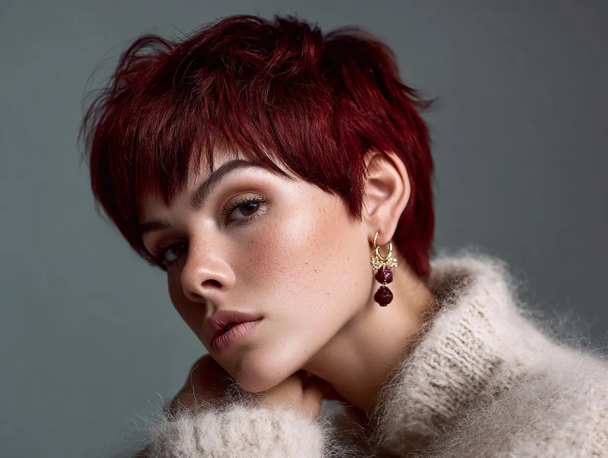 Shaggy Pixie Cut in Raspberry Red with Textured Side Layers - 2