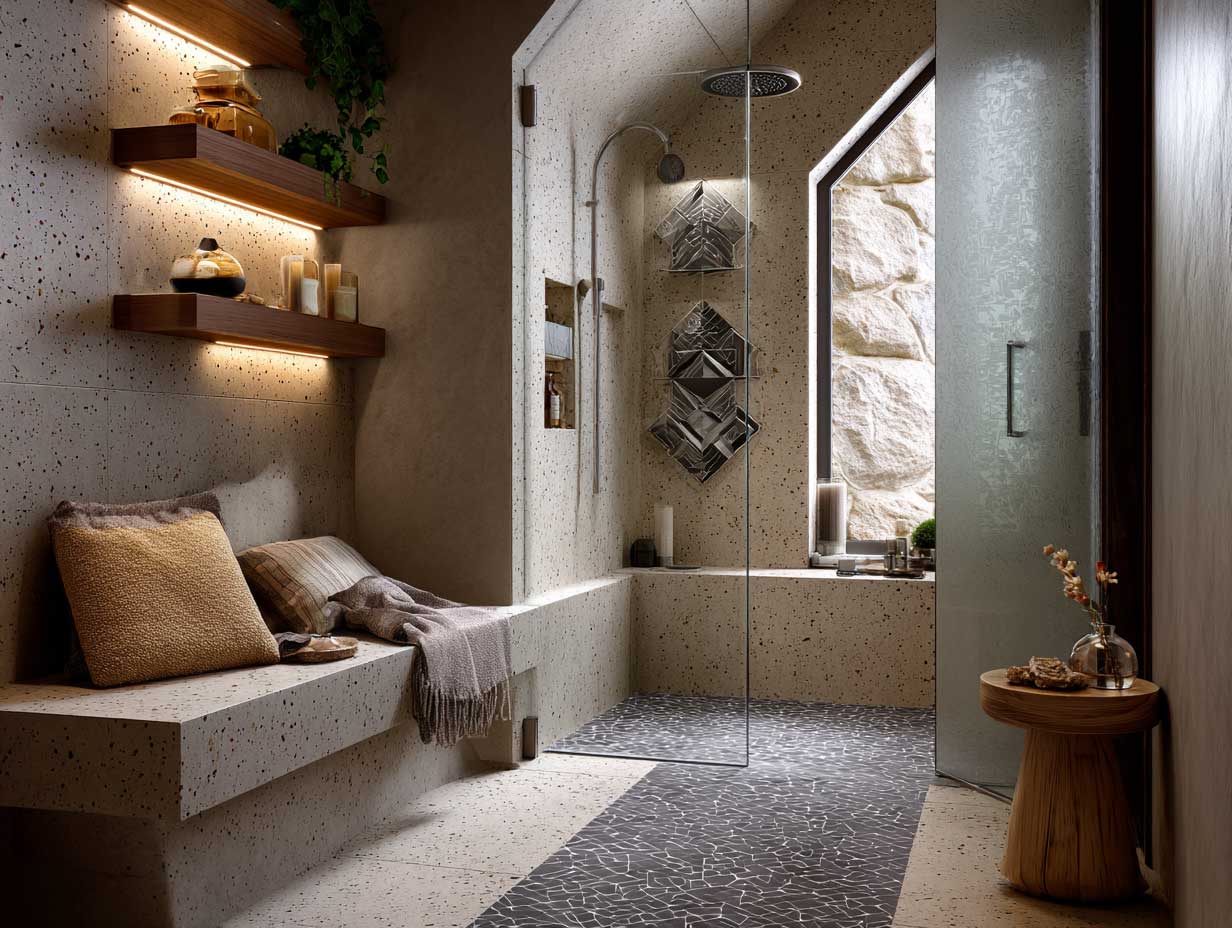 beige terrazzo tiled shower with charcoal geometric accent tiles, contemporary design, open glass shower, ambient lighting, soft textures, realistic full-length vertical shot