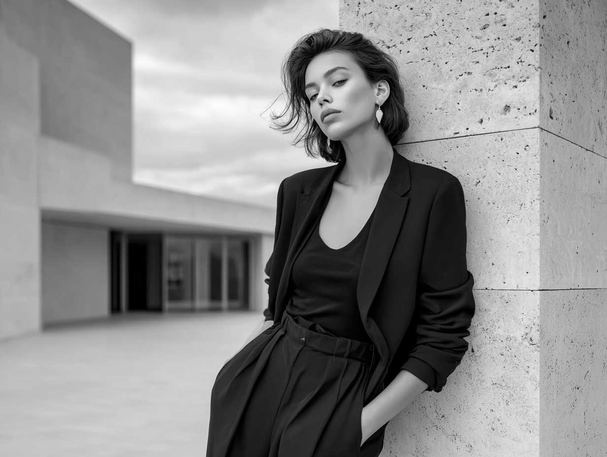 monochrome black minimalist fashion, woman in slim black blazer and tapered high-waisted pants, urban architecture background, overcast lighting, sharp silhouette, high fashion editorial