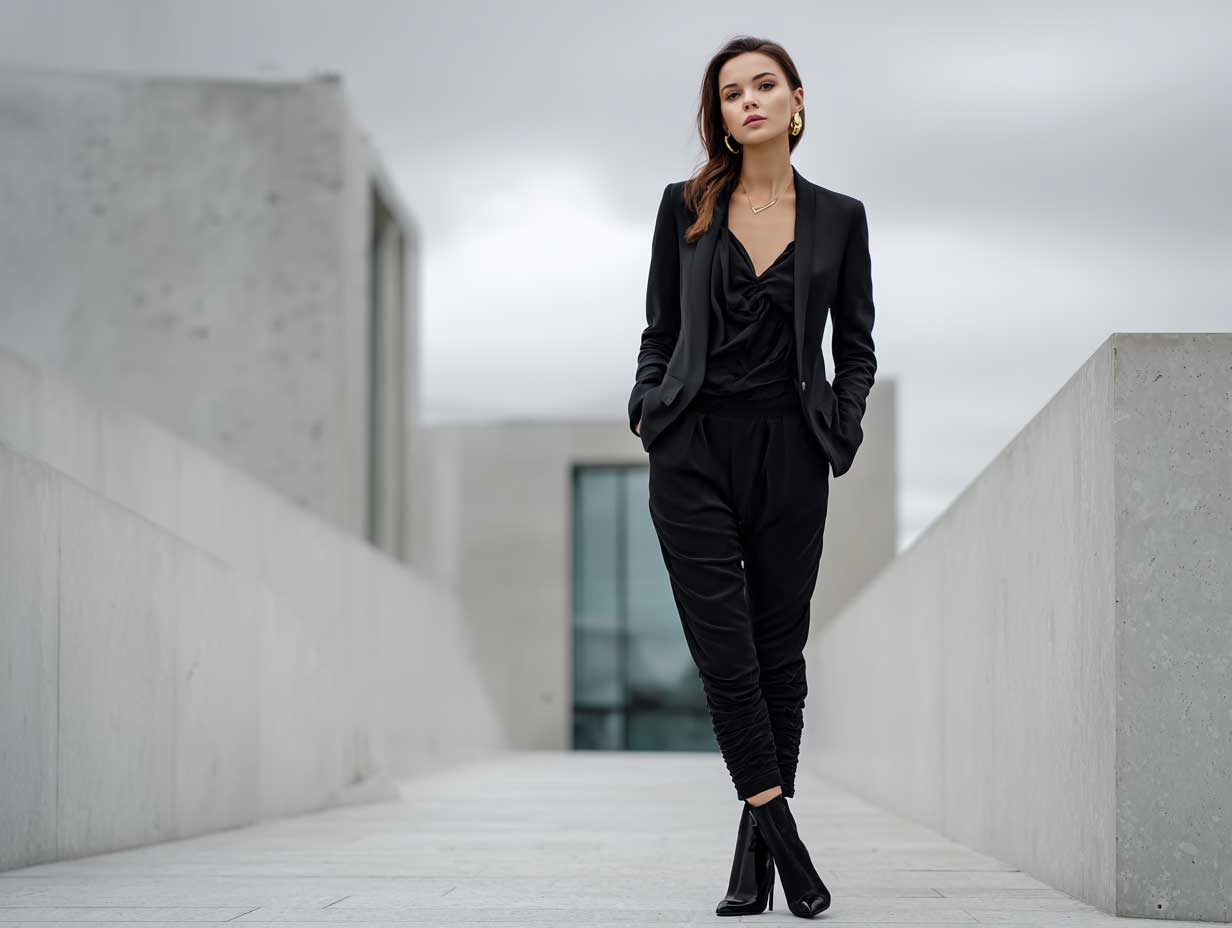 monochrome black minimalist fashion, woman in slim black blazer and tapered high-waisted pants, urban architecture background, overcast lighting, sharp silhouette, high fashion editorial