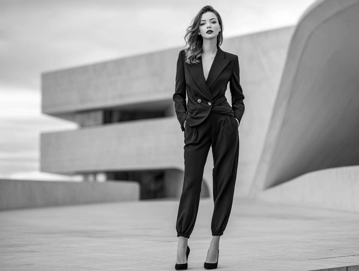 monochrome black minimalist fashion, woman in slim black blazer and tapered high-waisted pants, urban architecture background, overcast lighting, sharp silhouette, high fashion editorial