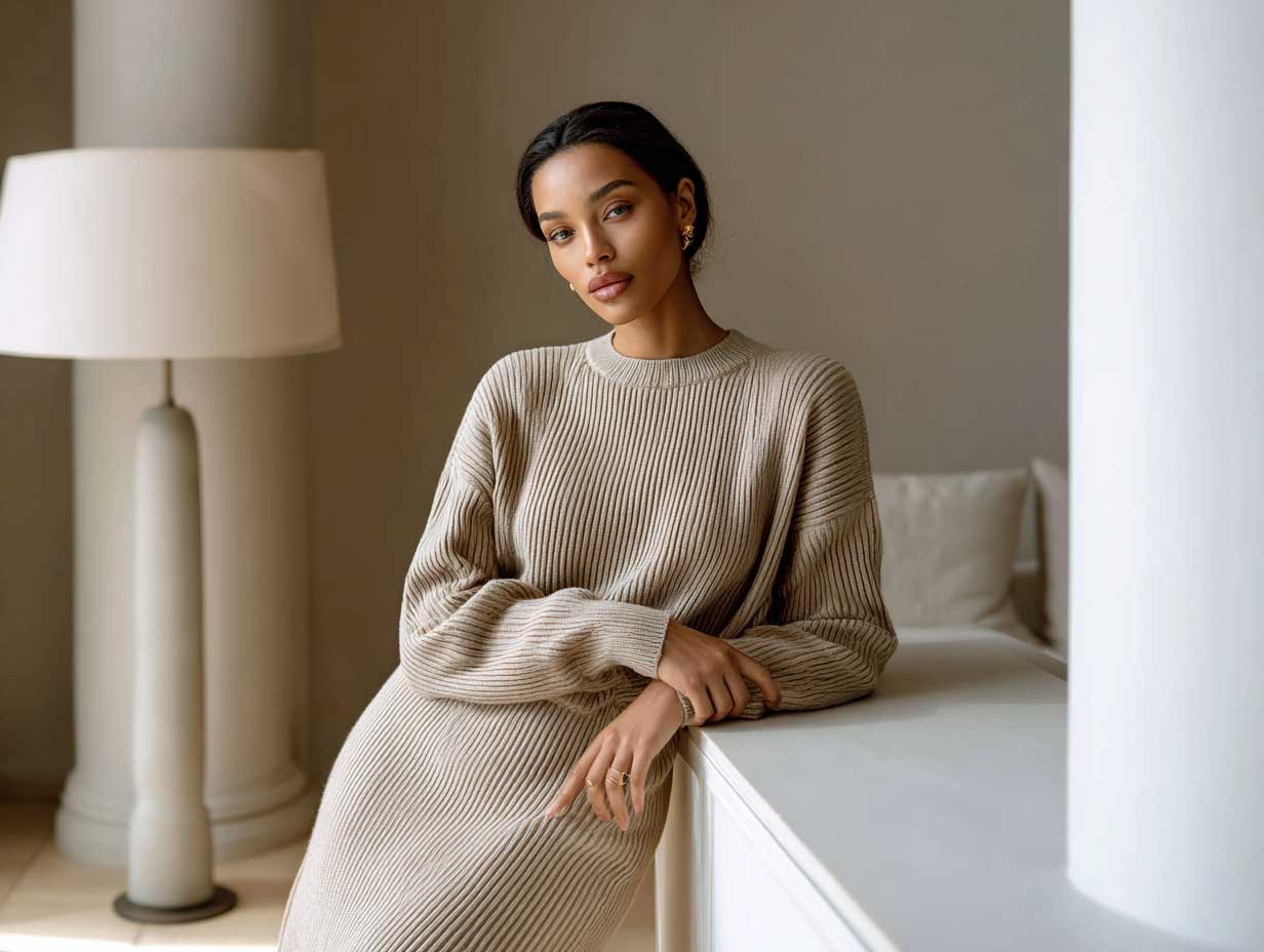 soft neutral minimalist fashion, woman in beige ribbed knit top and matching midi skirt, calm interior, warm lighting, Scandinavian-inspired styling, natural textures, minimal makeup