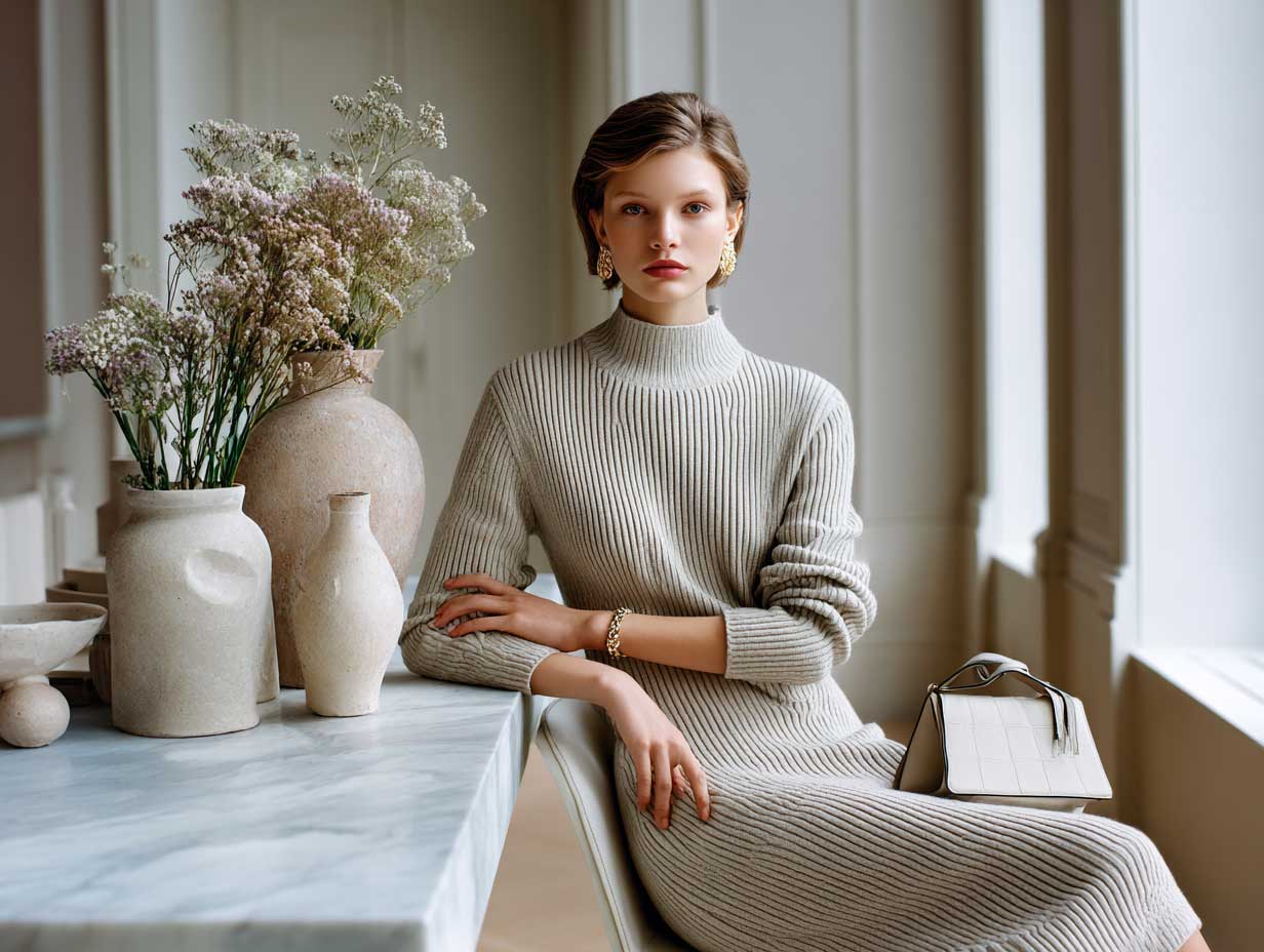 soft neutral minimalist fashion, woman in beige ribbed knit top and matching midi skirt, calm interior, warm lighting, Scandinavian-inspired styling, natural textures, minimal makeup
