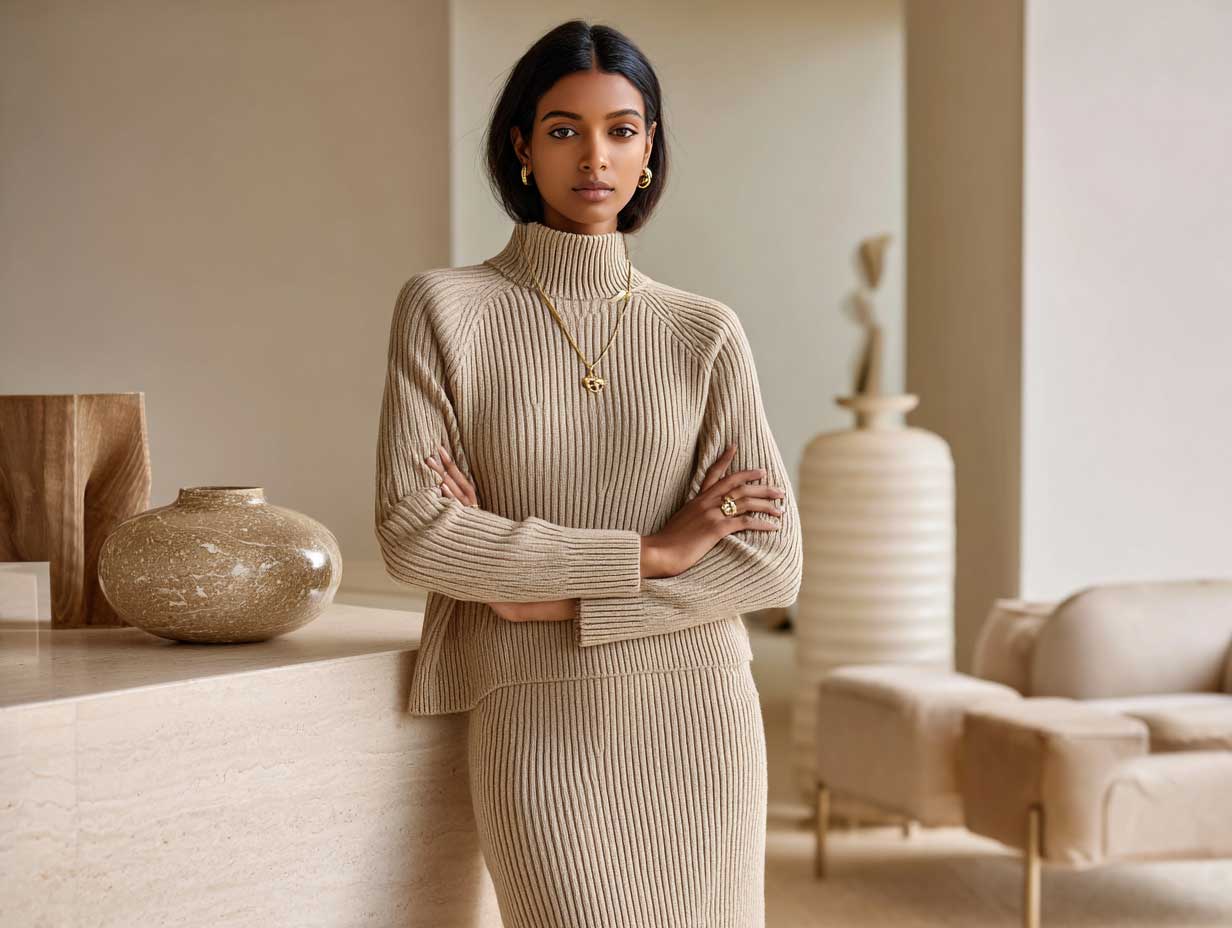 soft neutral minimalist fashion, woman in beige ribbed knit top and matching midi skirt, calm interior, warm lighting, Scandinavian-inspired styling, natural textures, minimal makeup