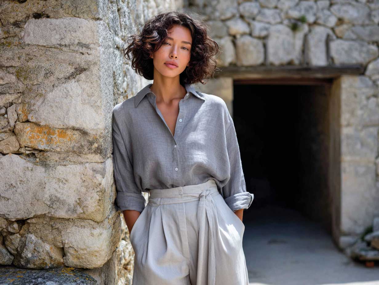 light grey linen shirt and cropped trousers minimalist fashion, woman in outdoor setting with natural stone wall, soft shadows, organic textures, relaxed elegance look, timeless vibe