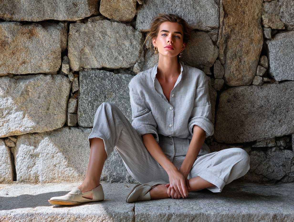 light grey linen shirt and cropped trousers minimalist fashion, woman in outdoor setting with natural stone wall, soft shadows, organic textures, relaxed elegance look, timeless vibe