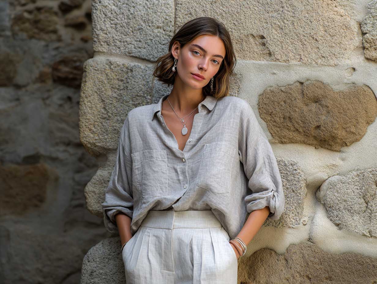 light grey linen shirt and cropped trousers minimalist fashion, woman in outdoor setting with natural stone wall, soft shadows, organic textures, relaxed elegance look, timeless vibe