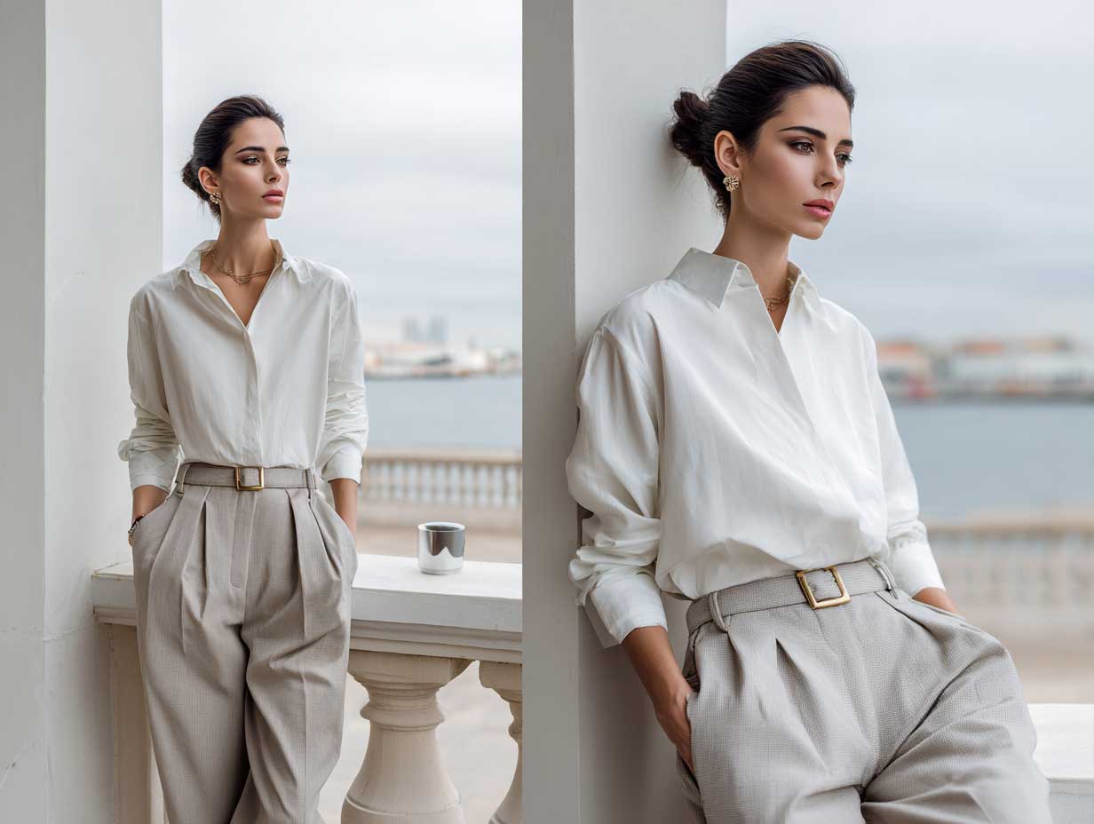 modern minimalist fashion look, woman in layered white cotton blouse and oversized tailored trousers, soft natural light, clean city backdrop, muted palette, elegant posture, neutral tones, fashion photography style