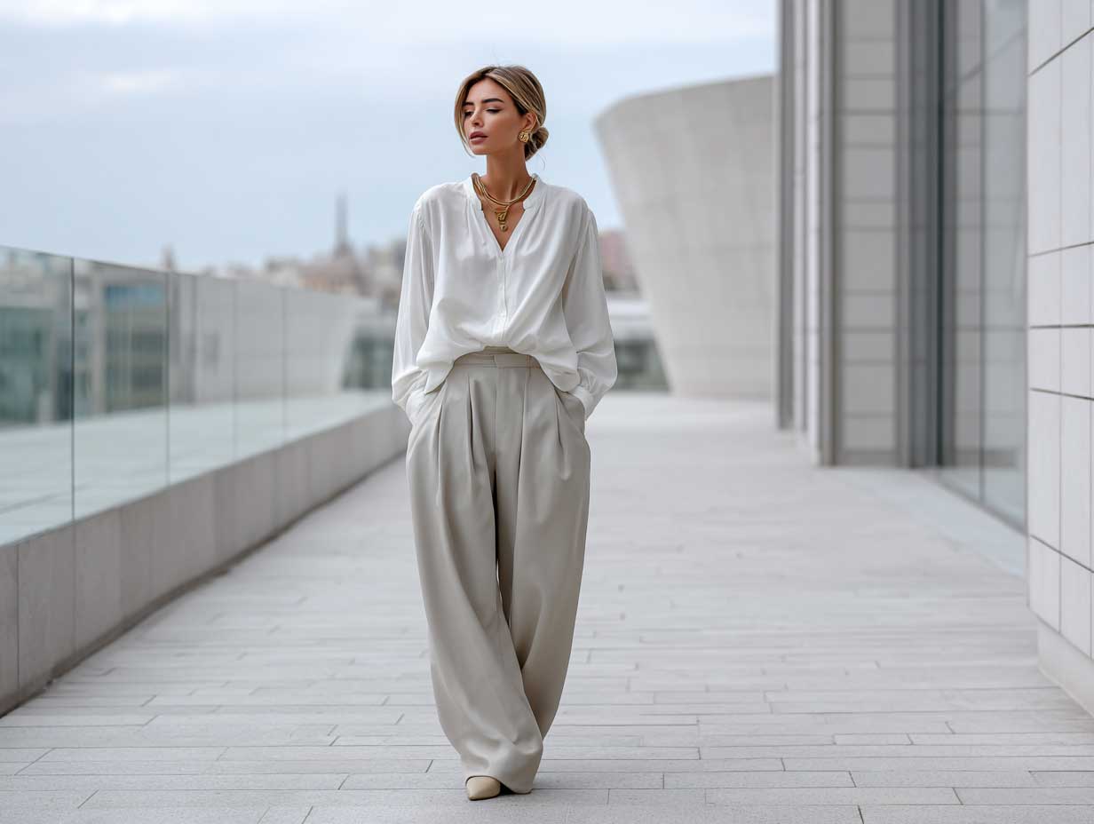 modern minimalist fashion look, woman in layered white cotton blouse and oversized tailored trousers, soft natural light, clean city backdrop, muted palette, elegant posture, neutral tones, fashion photography style