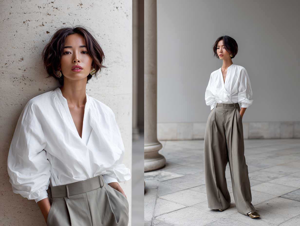 modern minimalist fashion look, woman in layered white cotton blouse and oversized tailored trousers, soft natural light, clean city backdrop, muted palette, elegant posture, neutral tones, fashion photography style