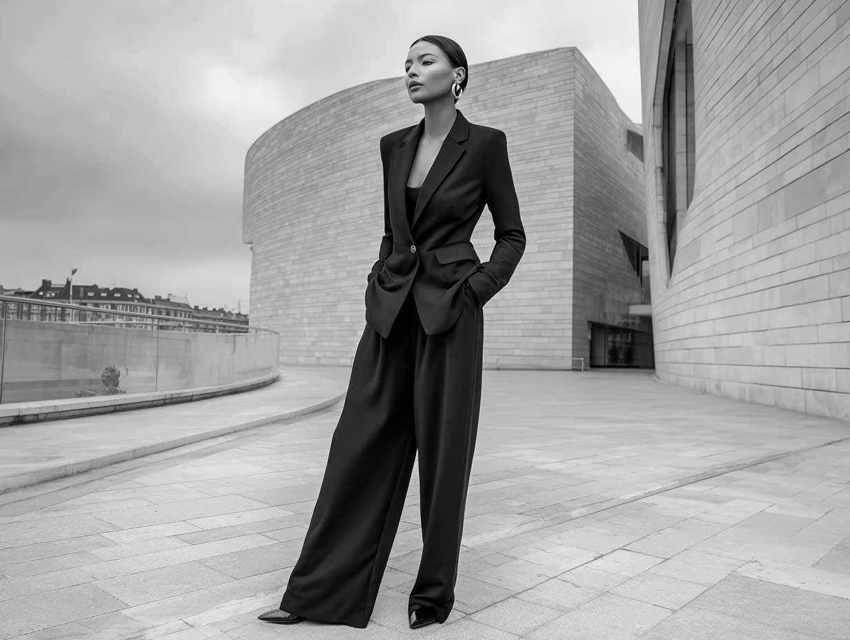 monochrome black minimalist fashion, woman in slim black blazer and tapered high-waisted pants, urban architecture background, overcast lighting, sharp silhouette, high fashion editorial