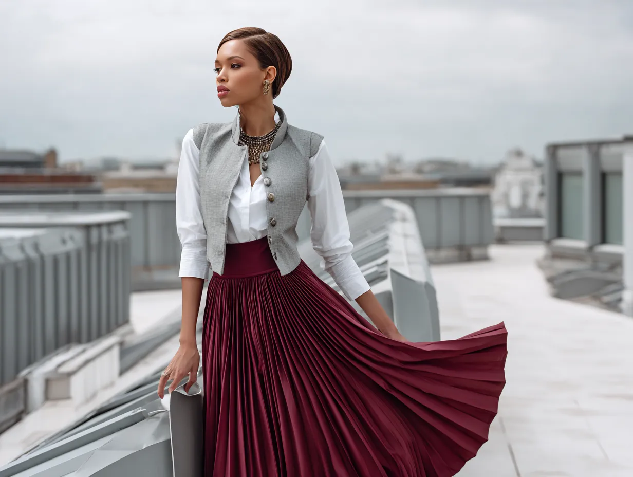 fashion editorial photography, full-body female model, burgundy pleated midi skirt with cropped soft gray vest, tucked white shirt, urban rooftop background, soft wind effect, muted color tones, stylish and edgy look