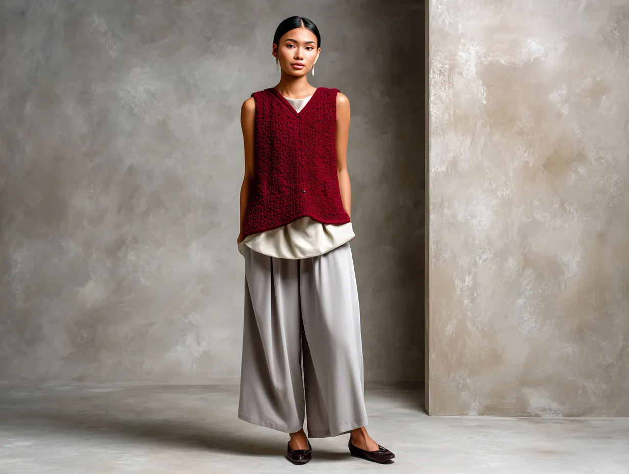 studio fashion shoot, minimalist style, female model wearing sleeveless burgundy knit vest layered over cream top, paired with soft gray culottes, modern clean backdrop, soft shadows, elegant and simple composition