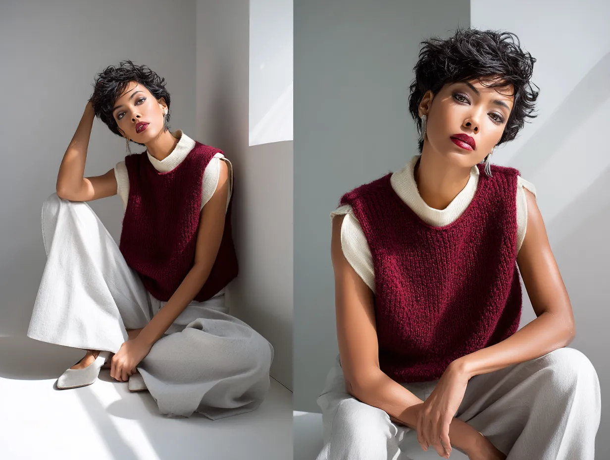 studio fashion shoot, minimalist style, female model wearing sleeveless burgundy knit vest layered over cream top, paired with soft gray culottes, modern clean backdrop, soft shadows, elegant and simple composition