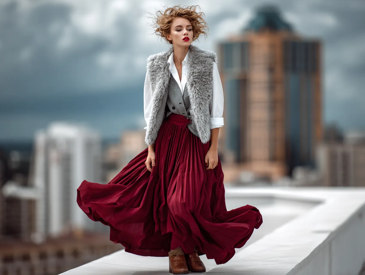 fashion editorial photography, full-body female model, burgundy pleated midi skirt with cropped soft gray vest, tucked white shirt, urban rooftop background, soft wind effect, muted color tones, stylish and edgy look