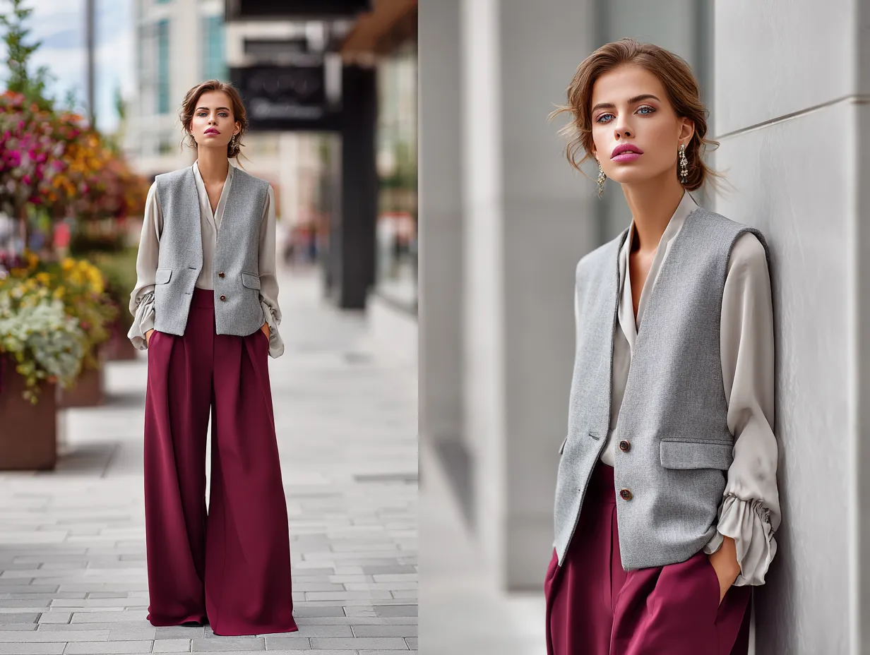 fashion streetwear photo, full-body female model, soft gray tailored vest styled with burgundy wide-leg palazzo pants, tucked-in neutral blouse, city sidewalk background, soft daylight, refined and elegant outfit, clean tones