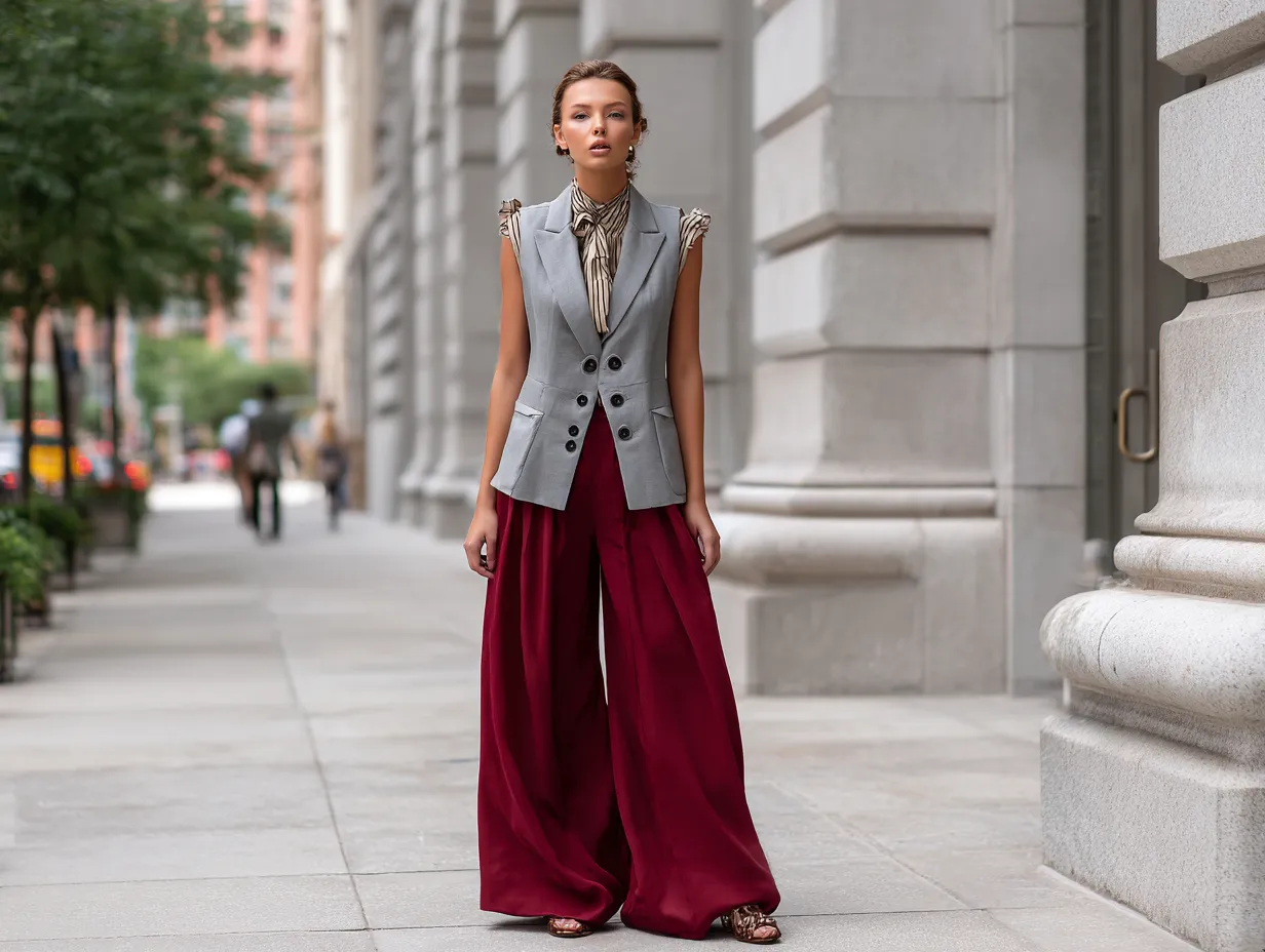 fashion streetwear photo, full-body female model, soft gray tailored vest styled with burgundy wide-leg palazzo pants, tucked-in neutral blouse, city sidewalk background, soft daylight, refined and elegant outfit, clean tones