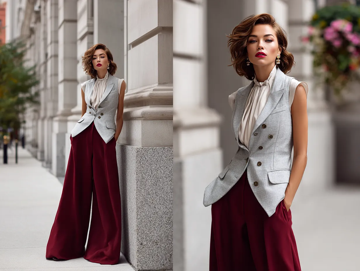 fashion streetwear photo, full-body female model, soft gray tailored vest styled with burgundy wide-leg palazzo pants, tucked-in neutral blouse, city sidewalk background, soft daylight, refined and elegant outfit, clean tones