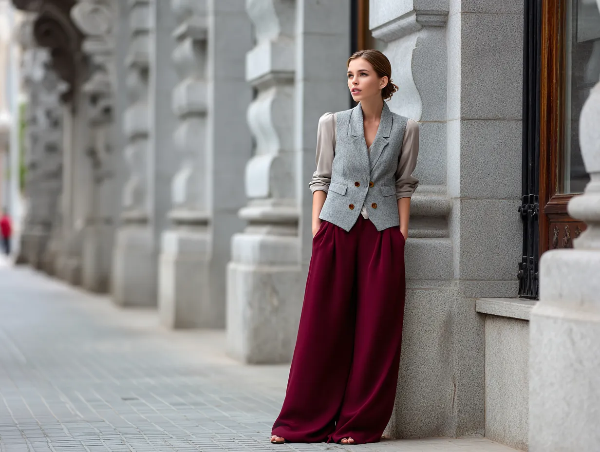 fashion streetwear photo, full-body female model, soft gray tailored vest styled with burgundy wide-leg palazzo pants, tucked-in neutral blouse, city sidewalk background, soft daylight, refined and elegant outfit, clean tones