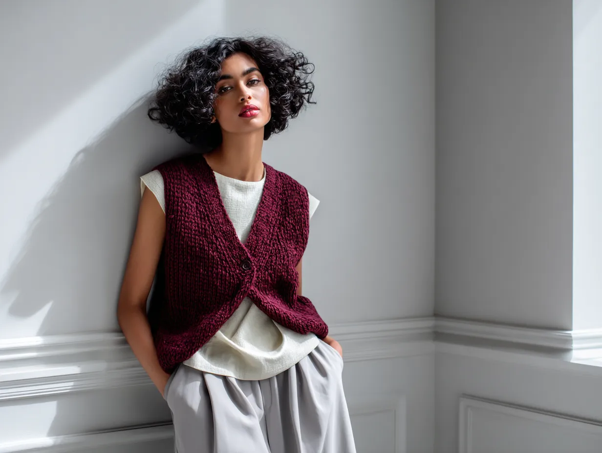 studio fashion shoot, minimalist style, female model wearing sleeveless burgundy knit vest layered over cream top, paired with soft gray culottes, modern clean backdrop, soft shadows, elegant and simple composition