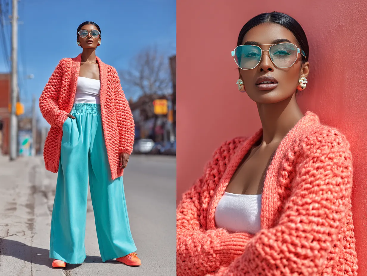 vibrant fashion photography, woman standing on a city street wearing a bright coral chunky knit cardigan with turquoise wide leg pants, white ribbed tank top tucked in, matching coral sneakers, sunny background, spring atmosphere