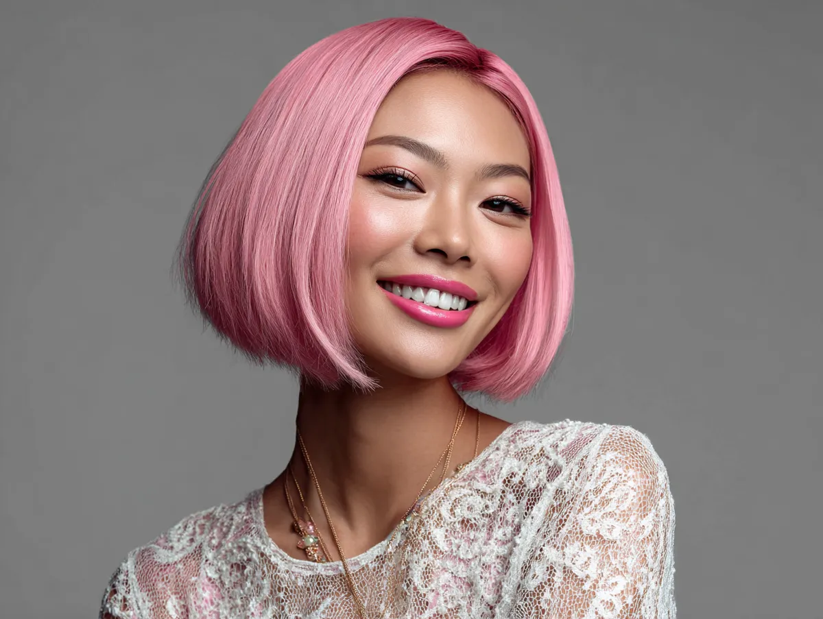 Asian Hairstyles Short Pink Bob Glow – a vibrant pink short bob on an Asian model with a glossy finish, softly angled cut, playful shine, confident smile.