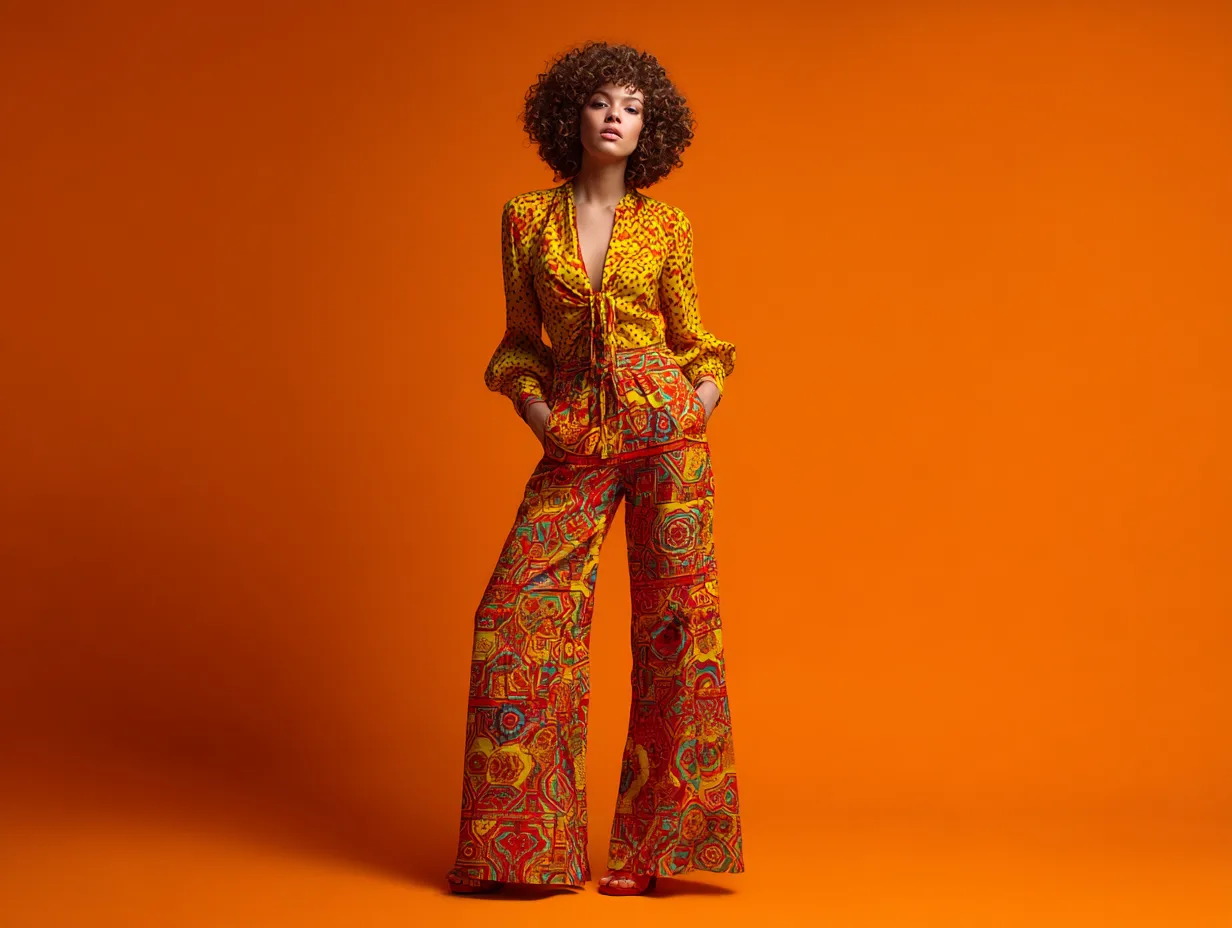 70s outfit female with high-waisted patterned pants