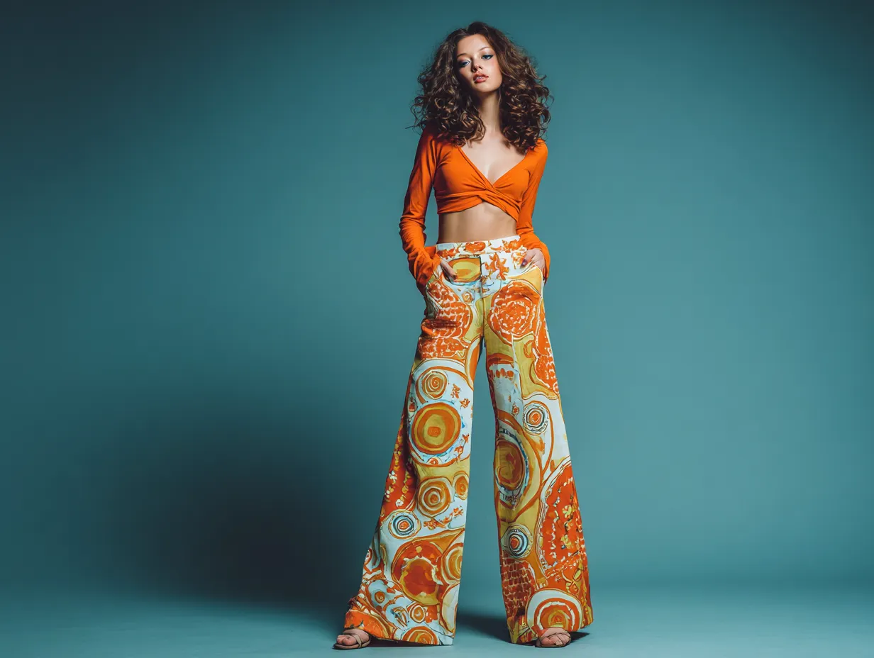 Funky 70s outfit ideas with bold patterned pants