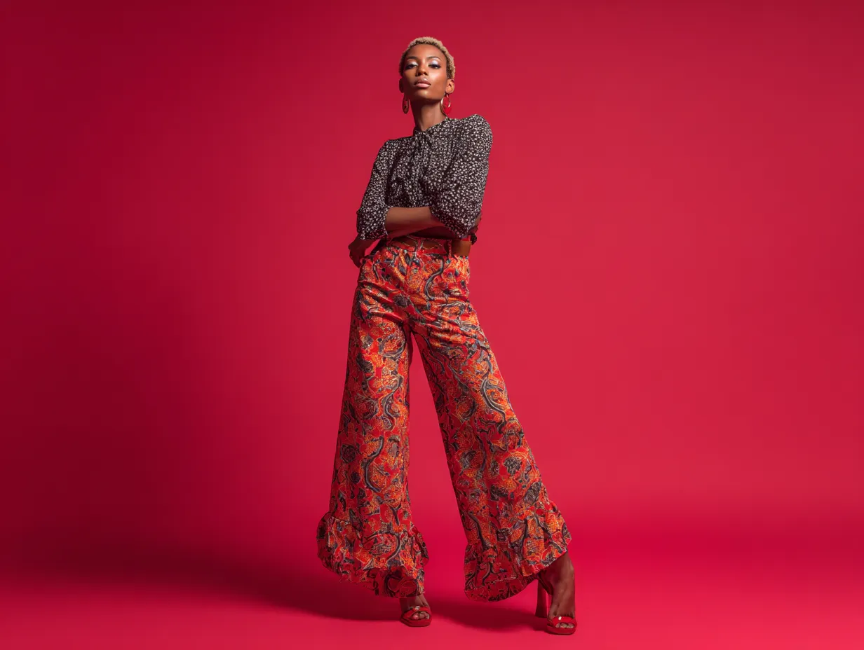 Retro 70s outfit for women with high-waisted flares