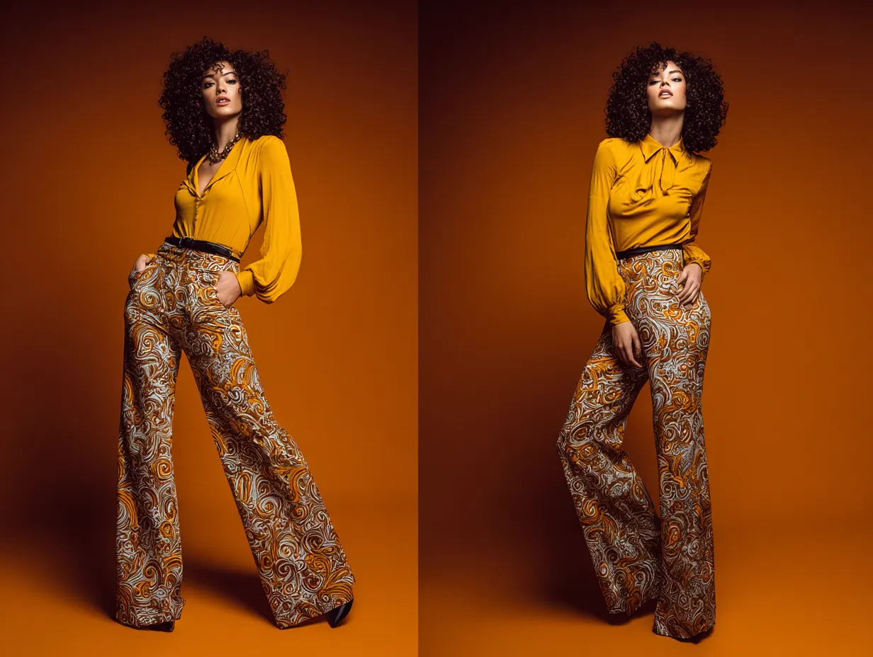 70s outfit female styled with bold pattern pants