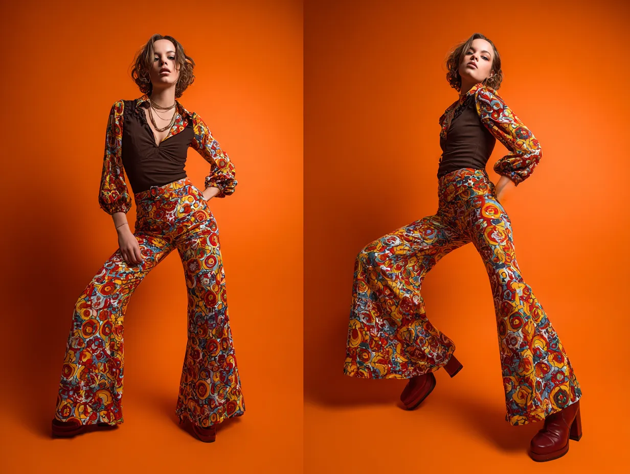High-waisted pants retro 70s outfit for women
