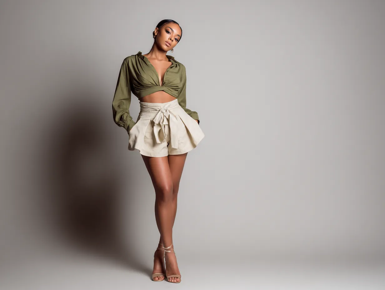 Skort outfit ideas in olive green and beige