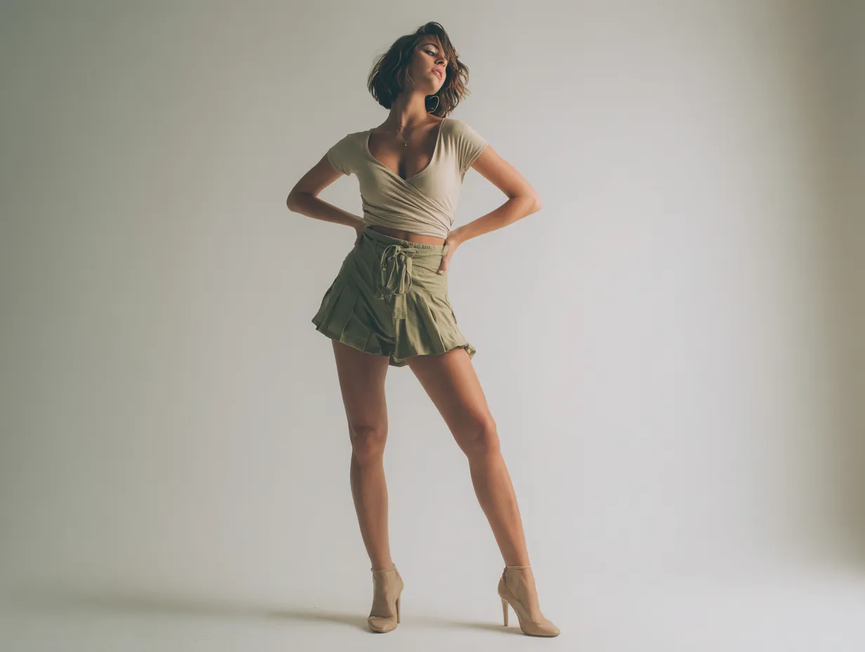 Beige and olive green neutral skort outfit