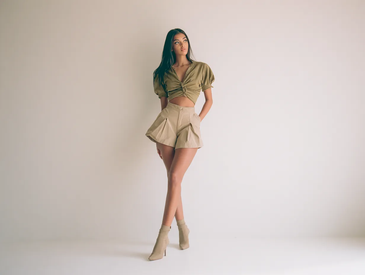 Neutral skort outfit in olive green tones