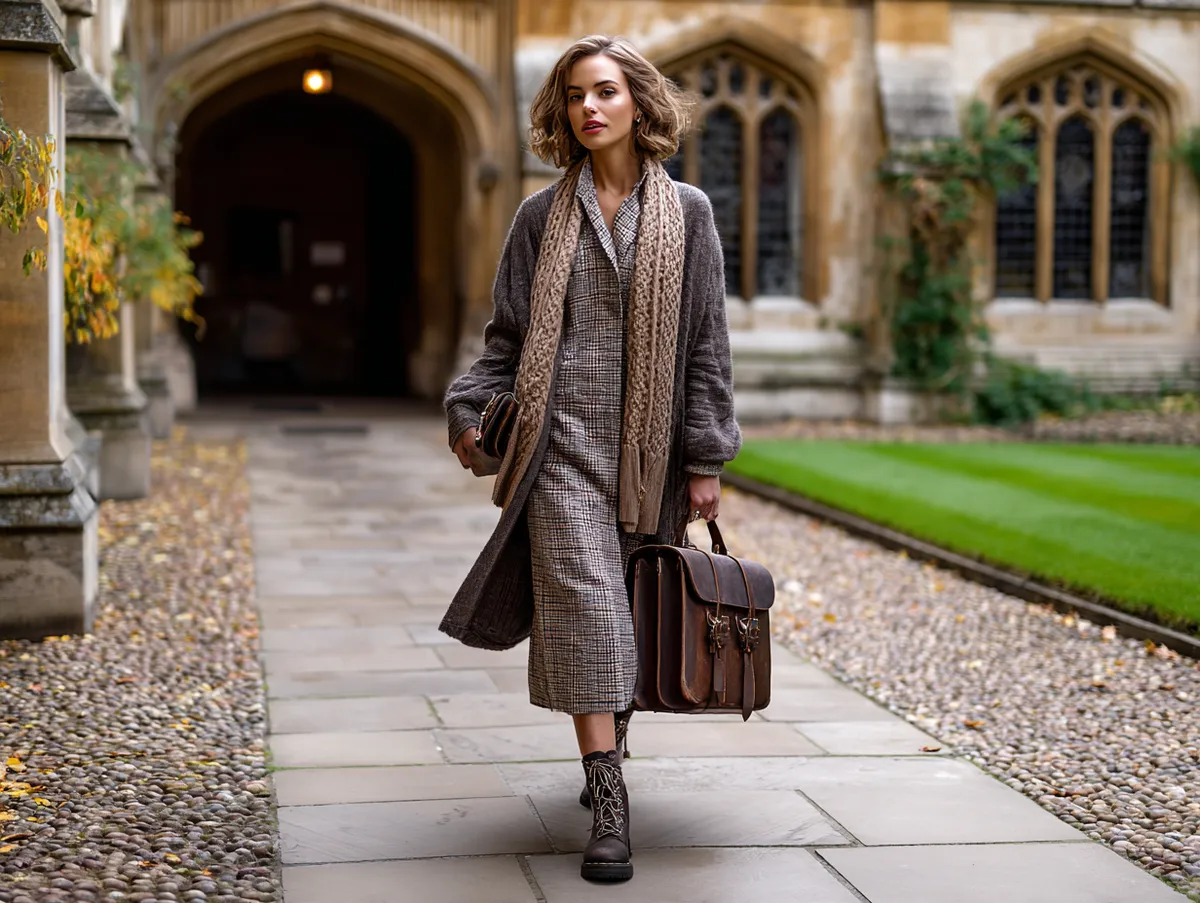a stylish woman walking through a historic library courtyard, wearing a plaid midi dress layered with a chunky knit cardigan, leather satchel, wool scarf, lace-up boots, fallen autumn leaves in the background, warm muted lighting
