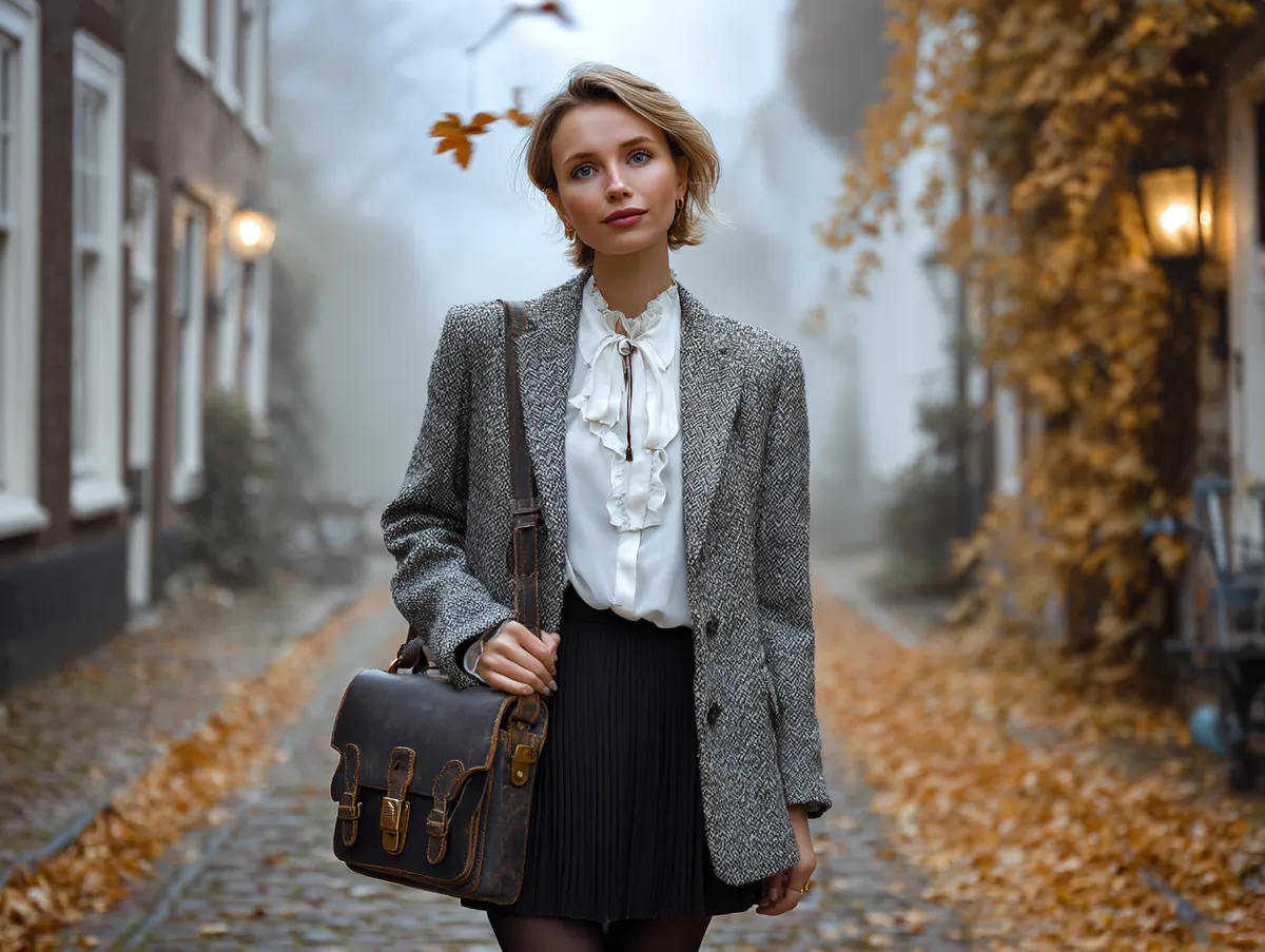 a stylish woman standing on a misty cobblestone street, wearing an oversized tweed blazer layered over a crisp white blouse, wool pleated skirt, black tights, vintage leather satchel, autumn leaves swirling around her, warm natural lighting