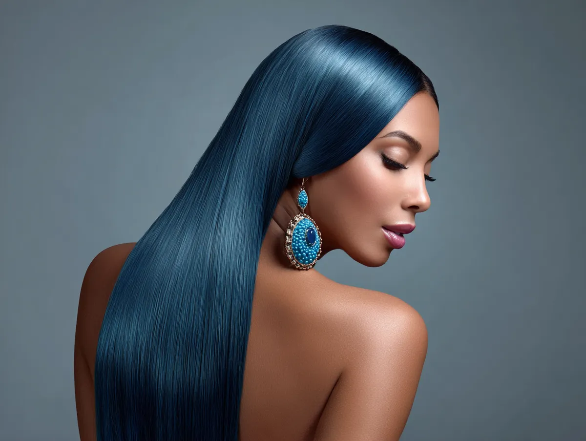 Woman with long sapphire blue hair styled in glossy all back hairstyles, sleek polished finish, elegant and modern, radiant atmosphere