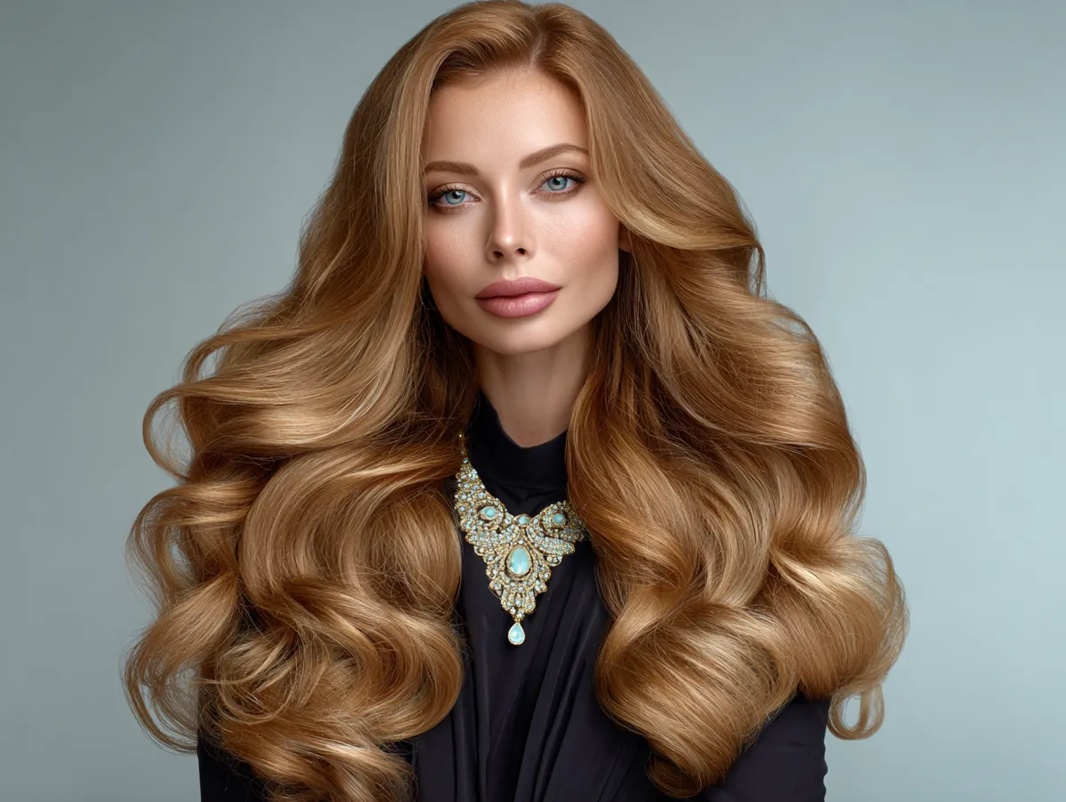 Woman with long golden bronze hair styled in voluminous all back hairstyles, radiant height, glamorous and confident, bright elegant setting