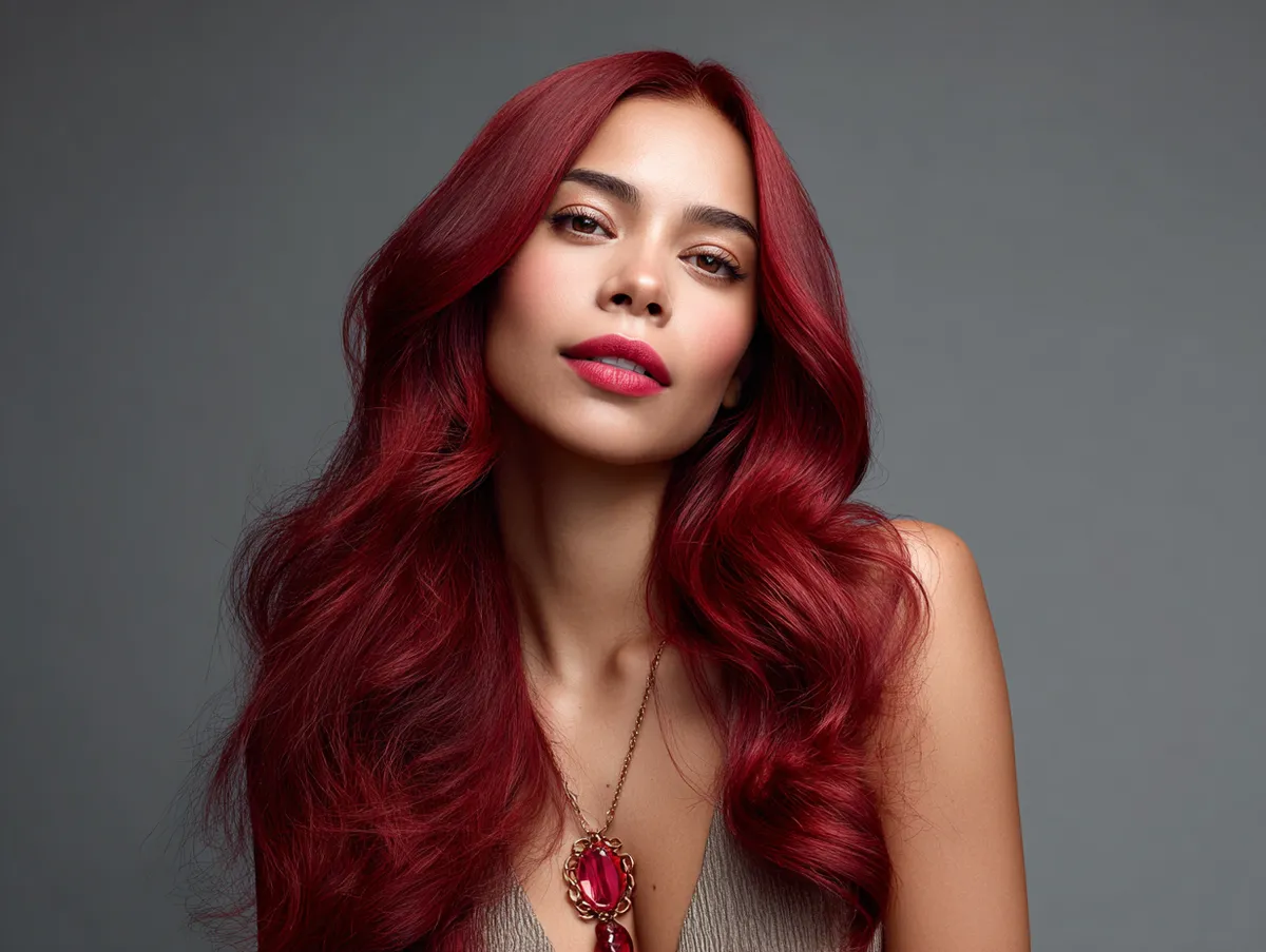 Woman with long ruby red hair styled in layered all back hairstyles, soft wavy texture, bold and radiant, vibrant artistic mood