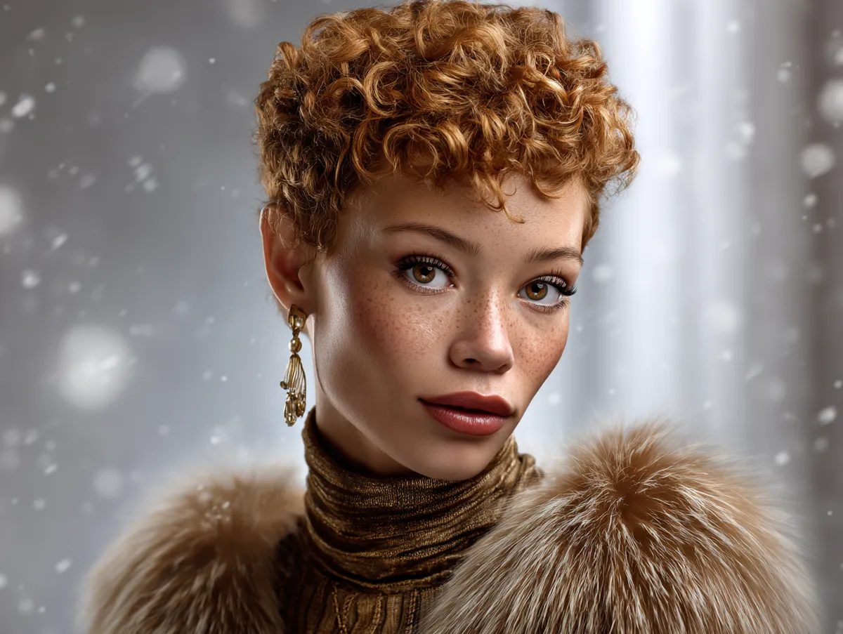 portrait of a woman with a golden chestnut comma haircut, voluminous and warm brown with golden highlights, cozy winter holiday setting, elegant outfit