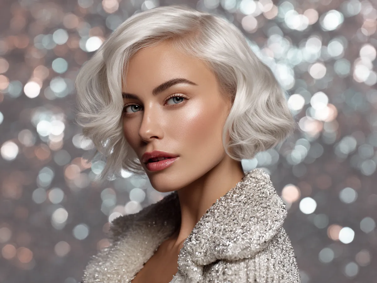 portrait of a woman with a platinum frost comma haircut, sleek icy blonde shine, styled with soft glamorous waves, sparkling holiday background, chic party outfit