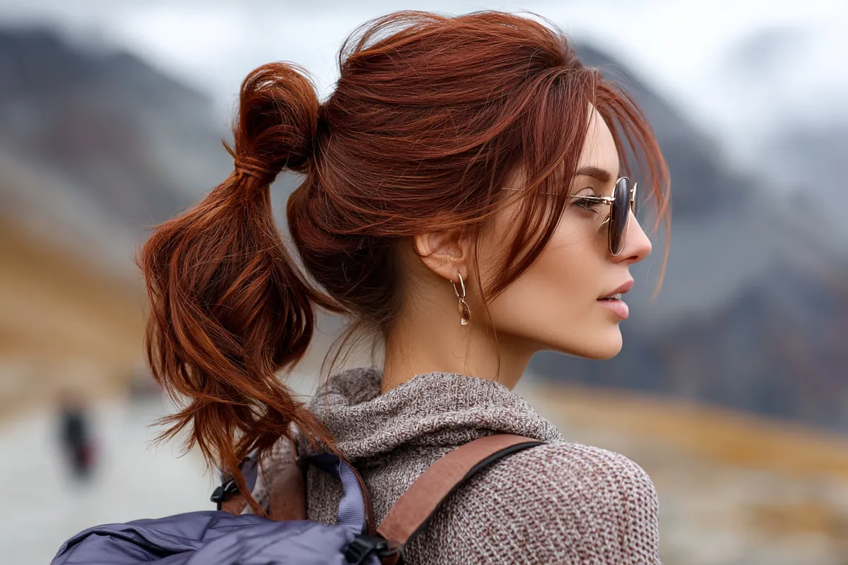 A stylish ponytail with layered lengths, deep auburn hair tied back neatly, outdoor travel setting with mountains and backpacks