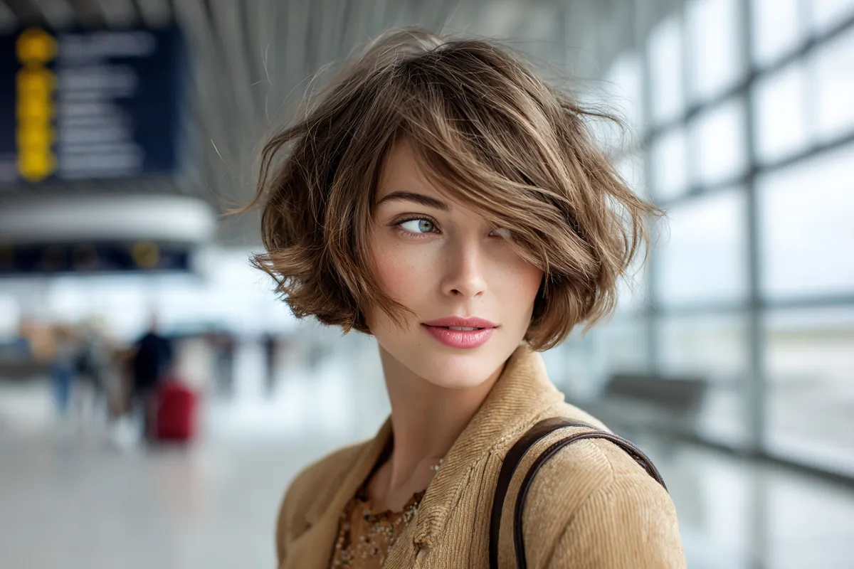 A chic short bob with natural texture, light brunette hair softly tousled, airport terminal in the background, stylish traveler look