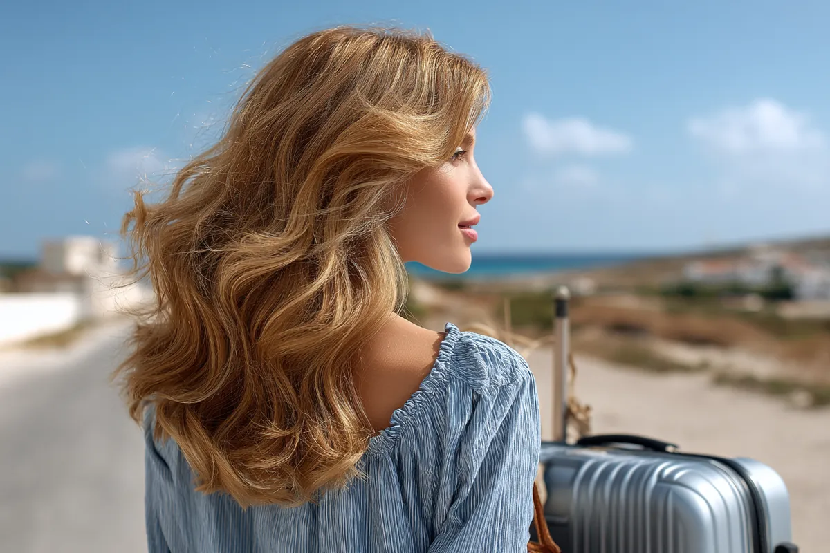 A relaxed hairstyle with natural shoulder length waves, honey blonde hair glowing in sunlight, traveler standing with luggage outdoors
