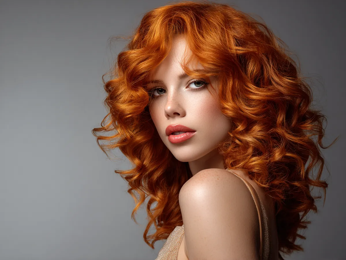 A vibrant hairstyle with layered waves reflecting soft light, playful texture, bright copper hair glowing in a party setting, chic and stylish