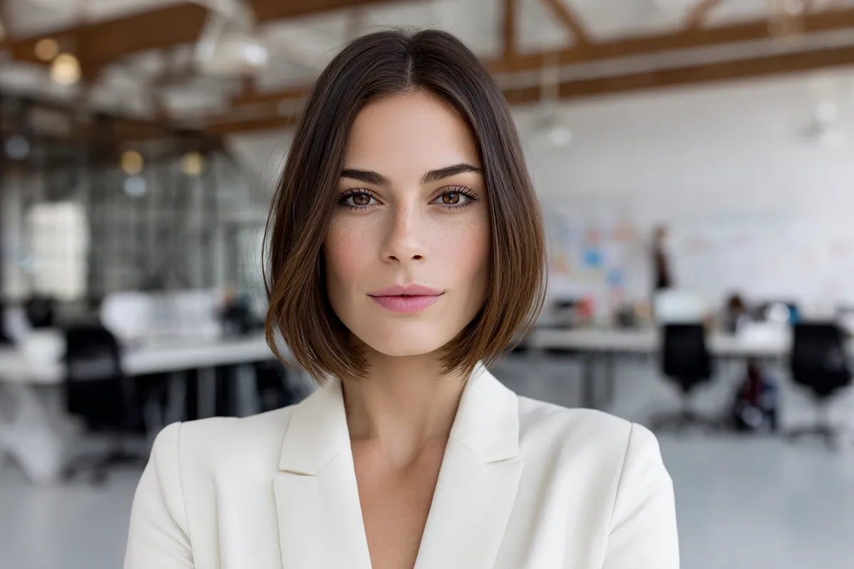 woman with a graduated bob haircut styled with smooth layers wearing a blazer in a modern office setting